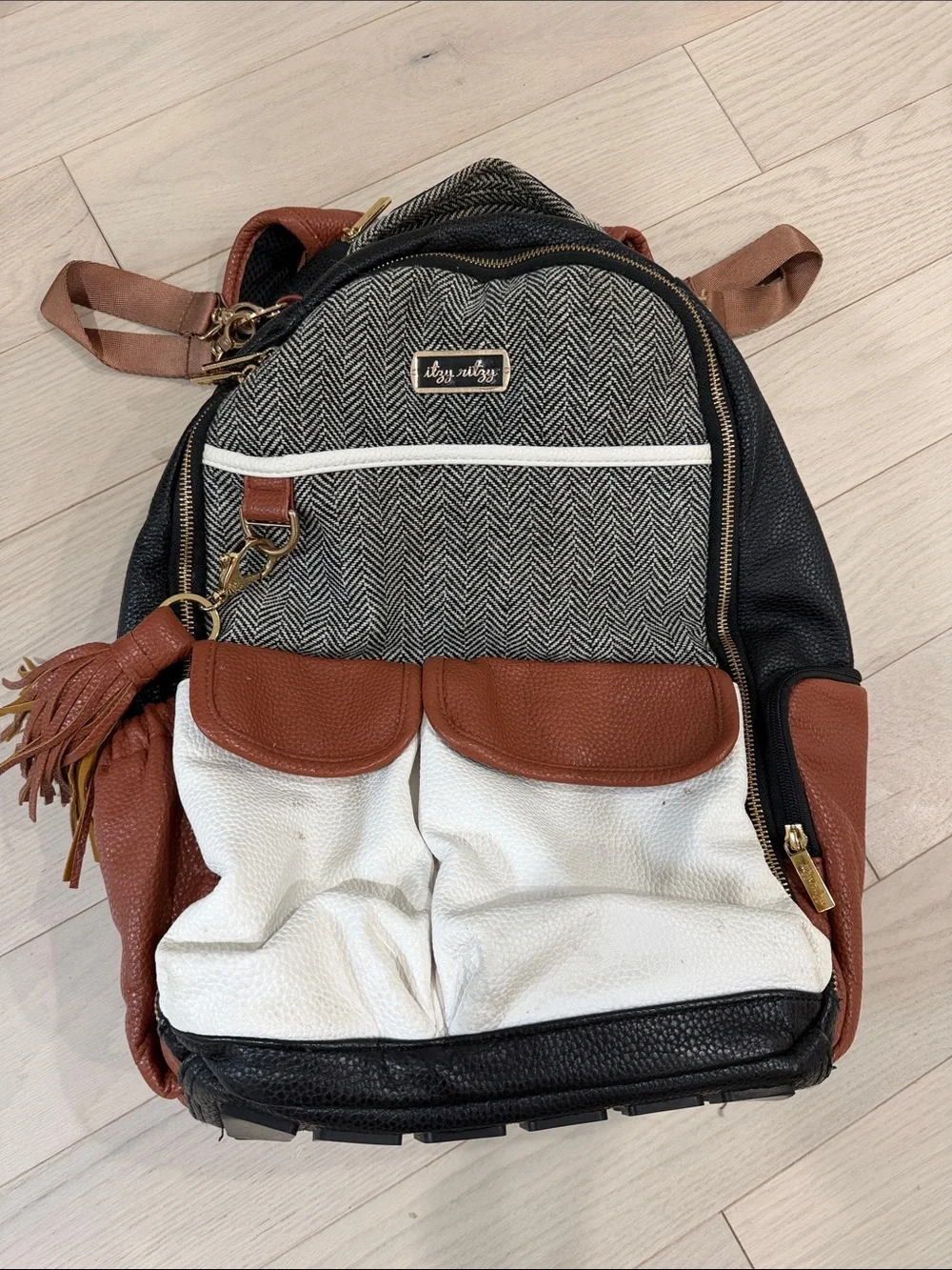 Itzy Ritzy Black, White & Brown Herringbone Diaper Backpack